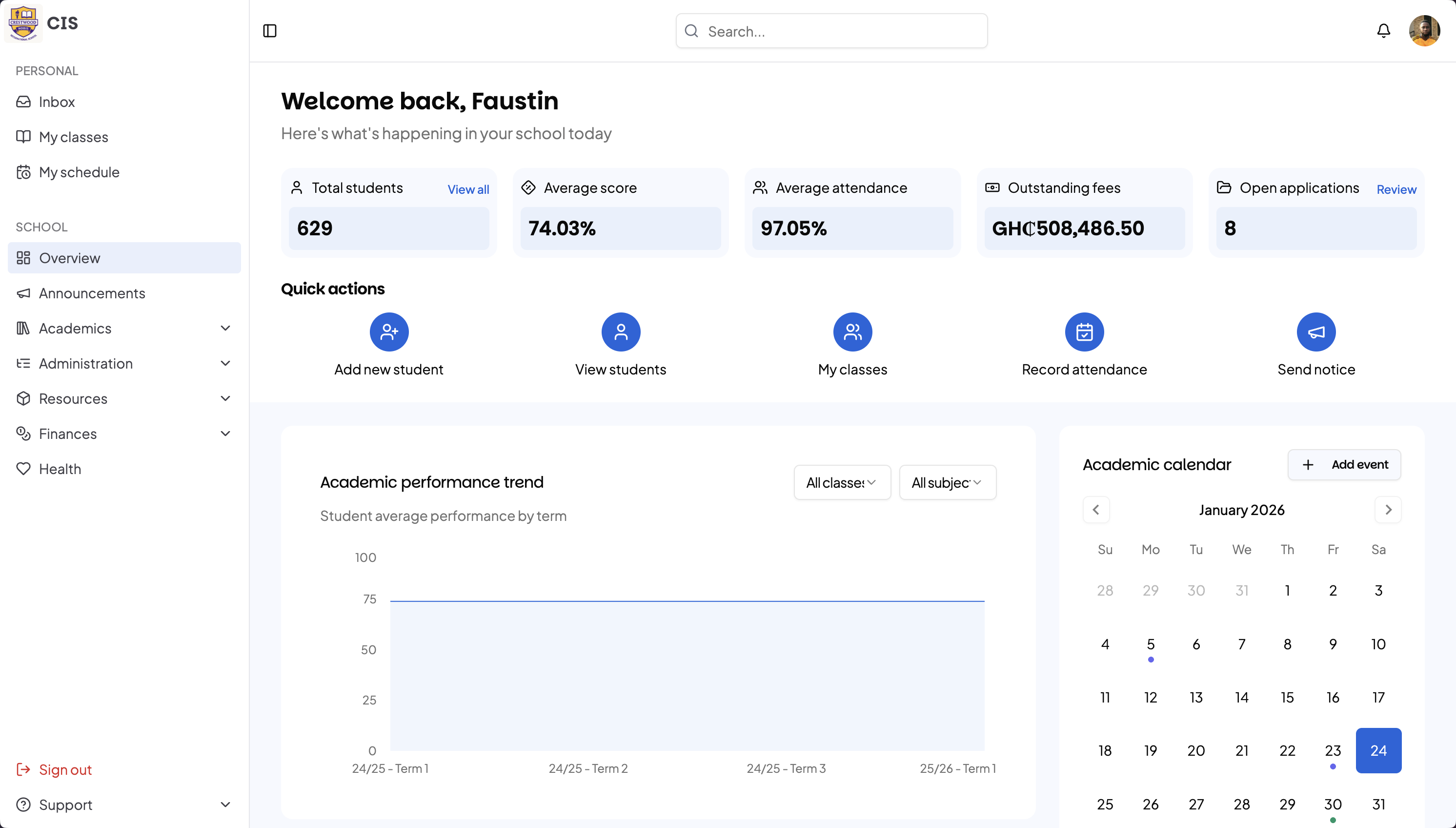 MySapienta school management software demo — student information system dashboard
