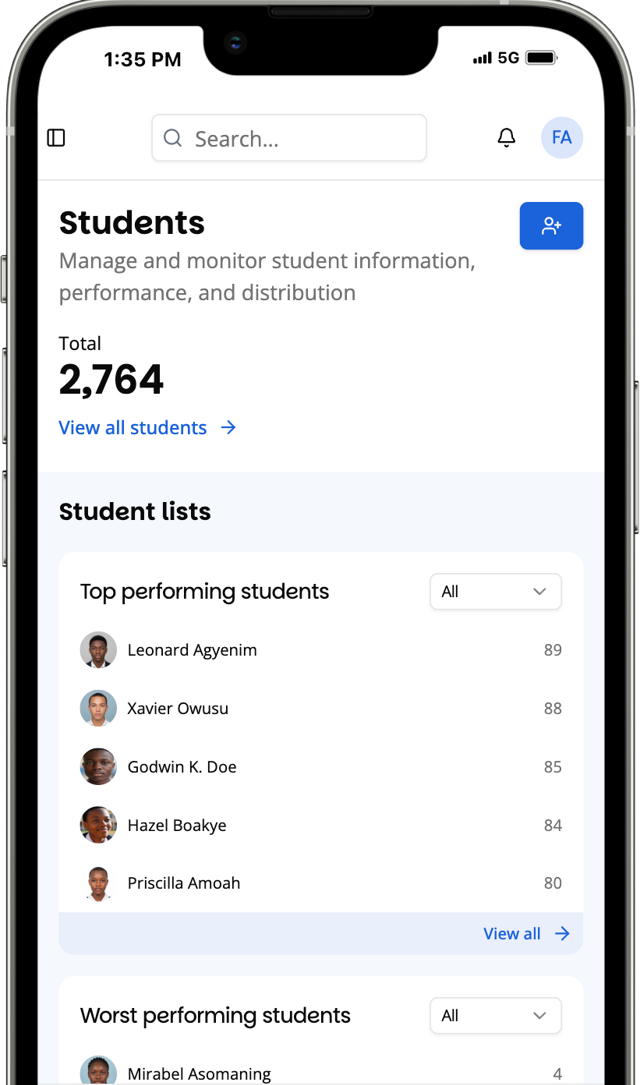 MySapienta mobile school administration software — student management dashboard on a phone